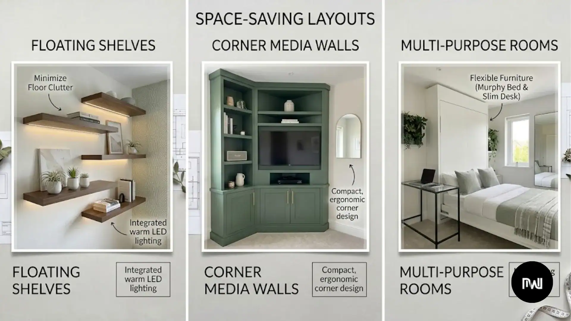 Space-Saving Layouts: Floating Shelves, Corner Media Walls & Multi-Purpose Rooms