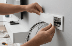 A professional electrician safely installing in-wall electrical outlets and running conduit for hidden media wall wiring.