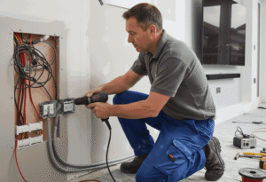 Close-up view of efficient cable management, showing audio-visual cables neatly bundled with cable ties and sleeves behind a TV.