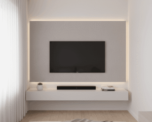 A minimalist, shallow media wall perfect for a small bedroom. It features a wall-mounted TV on a simple panel, with only one thin, floating shelf underneath to hold a small soundbar or minimal decor, maximizing floor space.