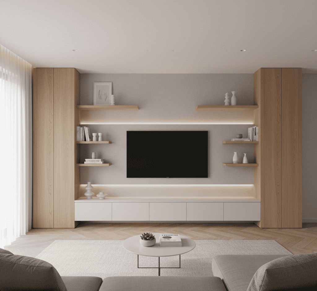 A luxury minimalist media wall with a simple white floating console, a wall-mounted TV, and light wood panels, creating a clean, uncluttered look.