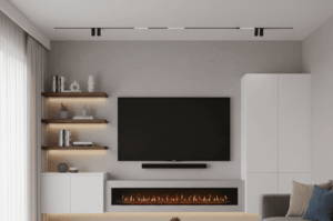 A wide-angle shot of a completed media wall in a UK home, featuring a recessed TV, soundbar, and electric fireplace, creating a central focal point.