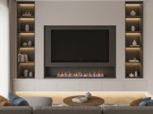 A close-up of a media wall featuring custom-built alcoves with integrated shelving and a lower storage cabinet, illustrating joinery costs.