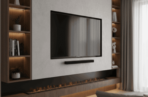 Completed media wall with a mounted television and soundbar, showcasing a flawless finish with all wiring successfully concealed.