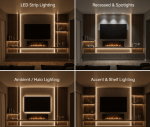 Grid illustrating four types of media wall lighting: LED strips for smooth illumination, recessed spotlights for accent, halo backlighting for ambient effect, and strip lighting for highlighting shelves.