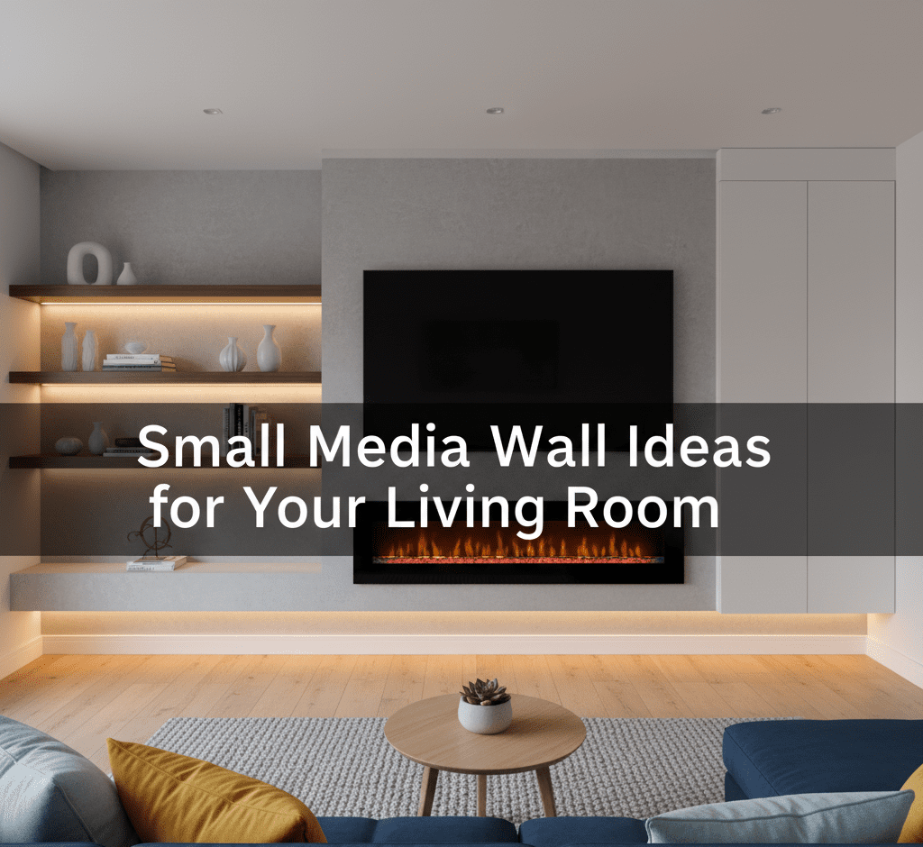 A stylish, compact media wall in a modern living room featuring a fireplace and built-in shelving, with the text "Small Media Wall Ideas for Your Living Room" overlaid.