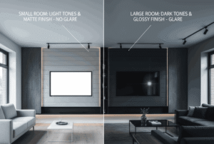 A split image showing two living room scenarios illustrating "What to Consider Before Picking a Media Wall Colour." The left side depicts a "SMALL ROOM: LIGHT TONES & MATTE FINISH - NO GLARE" with a light grey sofa, white coffee table, light wooden floor, and a media wall with light wooden panels and concrete accents. The right side shows a "LARGE ROOM: DARK TONES & GLOSSY FINISH - GLARE" with dark sofas, dark coffee tables, dark concrete floor, and a dark media wall with glossy panels, demonstrating screen glare.