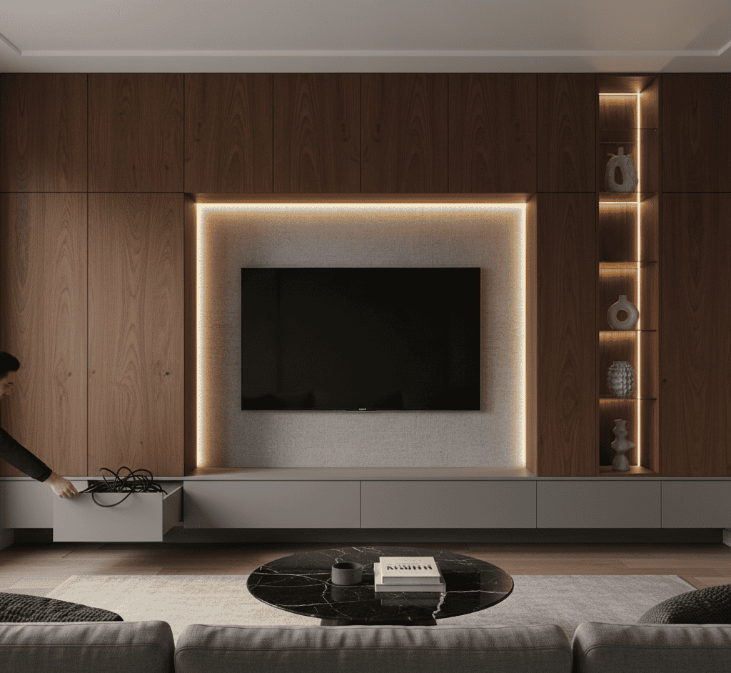 A close-up of a luxury media wall with a wall-mounted TV and sleek, dark minimalist cabinets below, demonstrating concealed storage.