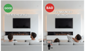 A modern media wall setup showing a large TV mounted at a comfortable eye-level for a seated viewer, positioned correctly above a fireplace.