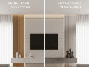 A split image contrasting two neutral media wall designs. The left side shows "NEUTRAL TONES & WOOD PANELS" with vertical light wood panels flanking a central light grey section with a TV and white console. The right side shows "NEUTRAL TONES & METAL ACCENTS" with vertical ribbed grey panels flanking a central light grey section with a TV and a grey console with metallic details. Both rooms are bright and feature light furniture.