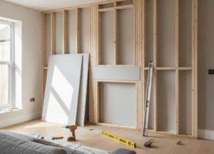 A DIY media wall under construction in a UK living room, showing an exposed timber stud frame, leaning plasterboard sheets, and tools like a cordless drill and spirit level on the floor.
