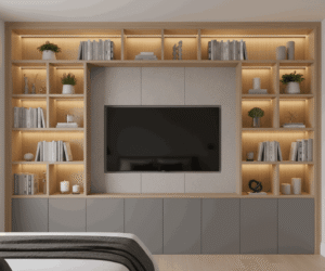 A bedroom media wall with a TV integrated into a large built-in shelving unit. The wooden shelves are filled with books and decorative items, illuminated by subtle internal lighting, and framed by storage cabinets below the TV.