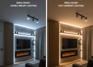 Example of a small living room media wall using soft, indirect ambient lighting and recessed features to visually create more space and prevent the area from feeling overwhelmed by brightness.