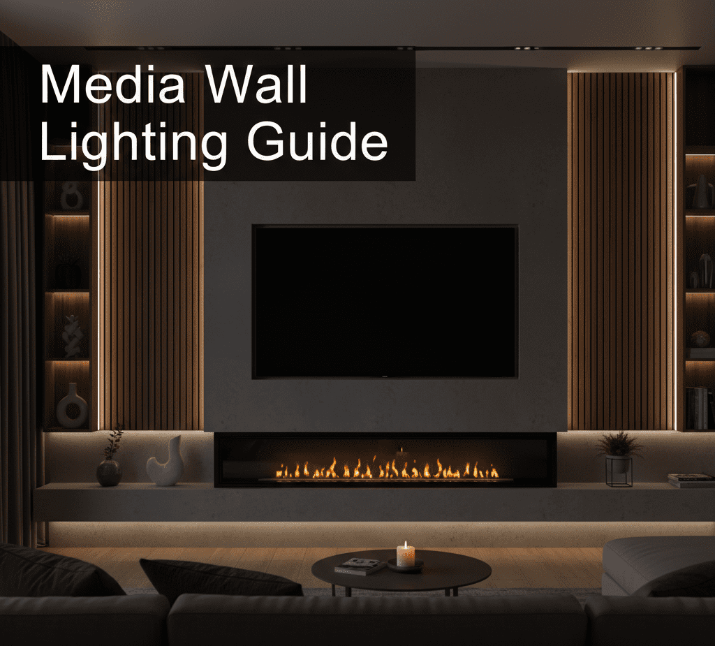 A collage of four media wall lighting examples (LED strips, spotlights, halo, and accent lighting) with the title "Media Wall Lighting Guide" overlaid, illustrating the variety of installation options.