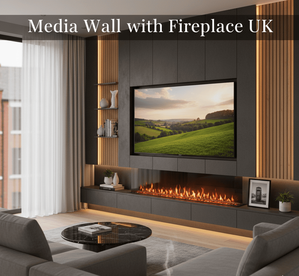 A feature image showing a stylish media wall with a built-in electric fireplace and wood slat details in a modern UK living room, with the text 'Media Wall with Fireplace UK' overlaid.