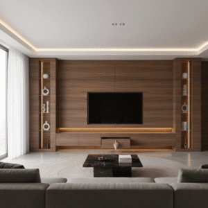 A modern media wall with a mounted TV and elegant glass shelving below for a transparent look.