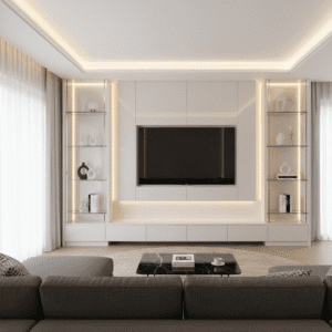 A luxurious media wall unit with a seamless front, demonstrating hidden, handle-less drawers.