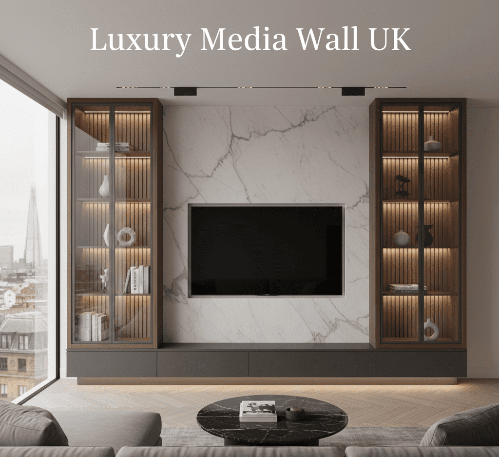 An elegant and minimalist luxury media wall in a modern UK living room, featuring a large TV set against a pristine white marble panel, flanked by two tall, dark wood display cabinets with glass doors and warm interior lighting. The text 'Luxury Media Wall UK' is overlaid at the top, and a city skyline is visible through a large window on the left.