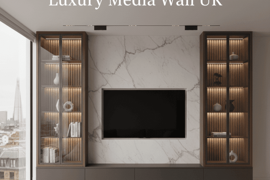An elegant and minimalist luxury media wall in a modern UK living room, featuring a large TV set against a pristine white marble panel, flanked by two tall, dark wood display cabinets with glass doors and warm interior lighting. The text 'Luxury Media Wall UK' is overlaid at the top, and a city skyline is visible through a large window on the left.