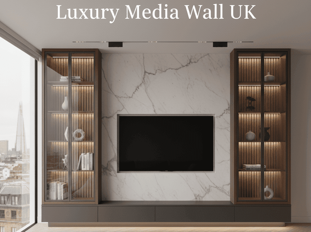 An elegant and minimalist luxury media wall in a modern UK living room, featuring a large TV set against a pristine white marble panel, flanked by two tall, dark wood display cabinets with glass doors and warm interior lighting. The text 'Luxury Media Wall UK' is overlaid at the top, and a city skyline is visible through a large window on the left.