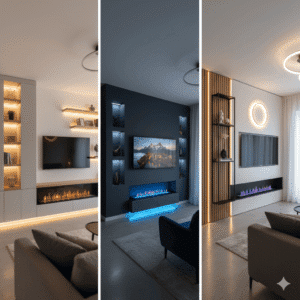 A contemporary media wall in a small living room, illuminated by soft, ambient LED strip lighting integrated behind the shelves and under the main unit.