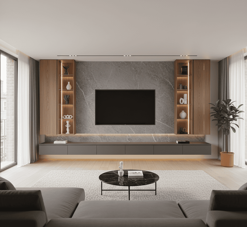 A modern UK living room with a luxury media wall, featuring wood slats, an integrated fireplace, and a large sofa.