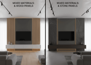 A split image illustrating "Mixed Materials: Adding Depth with Textures." The left side shows a media wall combining a dark grey painted surface with light wooden vertical panels, a white console, and a TV. The right side shows a media wall combining an olive green painted surface with dark stone panels, a dark wooden console, and a TV. Both images suggest "Modern & Natural Materials for a Timeless Feel."