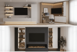 A collage of three different media wall ideas for small UK homes, showing layouts with integrated fireplaces, corner home office nooks, and minimalist shelving.