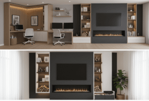 A collage showcasing media walls with clever storage, including integrated shelving for logs, white cabinets, and a built-in desk area, demonstrating multi-functional design