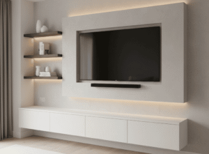 A simple, modern media wall with a wall-mounted TV and a sleek storage unit below, showing a basic, clutter-free setup.