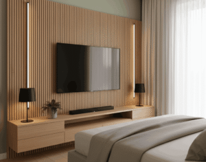 A unified media wall design in a narrow bedroom. The TV is mounted on a sleek wall panel, and a matching, cantilevered floating nightstand extends horizontally from the media wall structure towards the bed, creating a seamless, space-saving look.