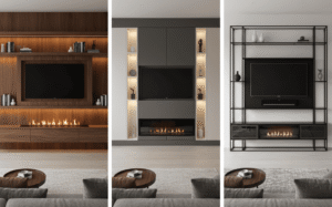 A side-by-side comparison image showing a basic, simple DIY media wall on the left versus a complex, high-end professional media wall with stone features on the right.