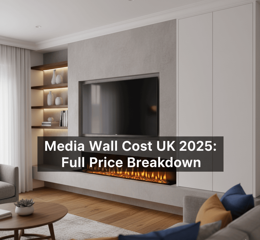 A modern media wall in a UK living room with an electric fireplace, with text overlay reading 'Media Wall Cost UK 2025: Full Price Breakdown'.