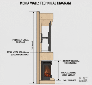 A wide shot of a finished media wall, highlighting its depth from the main wall which allows for a fireplace and built-in shelving.