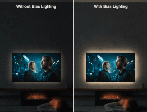 Visual comparison showing the benefit of bias lighting: The left side has high screen-to-wall contrast leading to eye strain, and the right side uses soft backlighting to reduce contrast and improve eye comfort.