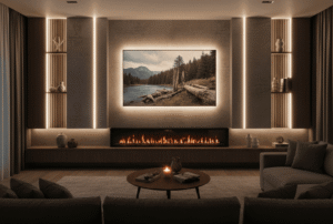 Modern media wall design with integrated LED backlighting, warm ambient glow around a large TV, and an electric fireplace, enhancing the cosy viewing atmosphere.