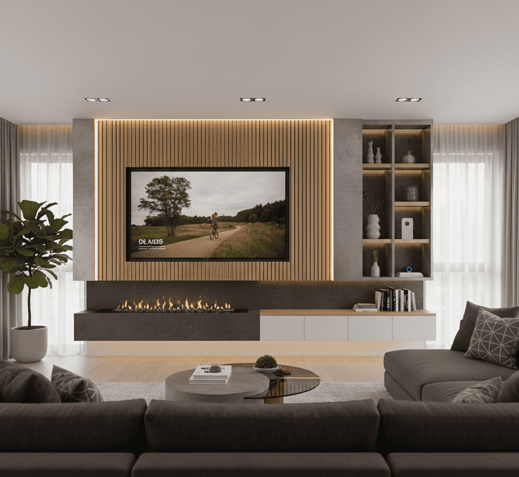 A luxury media wall with integrated ambient LED lighting that highlights the textured grey wall panels behind the TV unit.