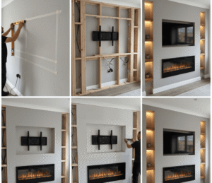 A complete, professionally finished media wall showing the final result of the step-by-step build process, from framing to the final plaster and paint.