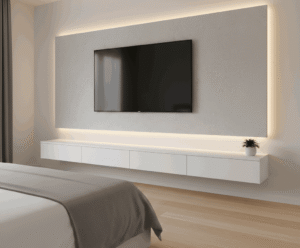 A bedroom media wall seamlessly integrated with tall, built-in wardrobes on either side of a central TV panel. The design maximizes storage while providing a dedicated space for the television, with a bed in the foreground.
