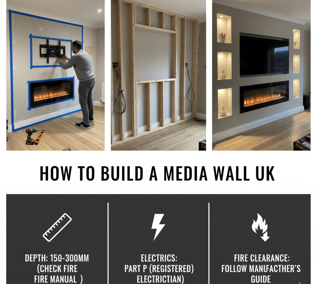 A stylish, compact media wall in a modern living room featuring a fireplace and built-in shelving, with the text "Small Media Wall Ideas for Your Living Room" overlaid.