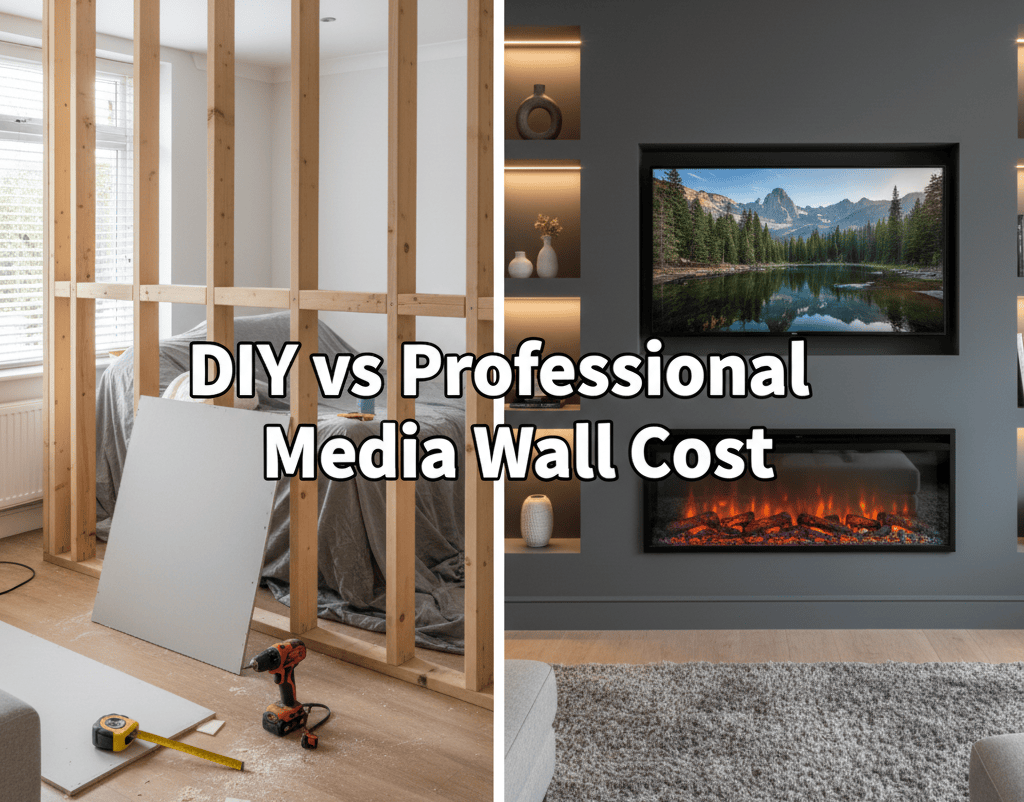 Split-screen comparison showing a raw timber stud frame under construction versus a finished luxury grey media wall with electric fireplace and LED lighting, overlaid with the text 'DIY vs Professional Media Wall Cost'.