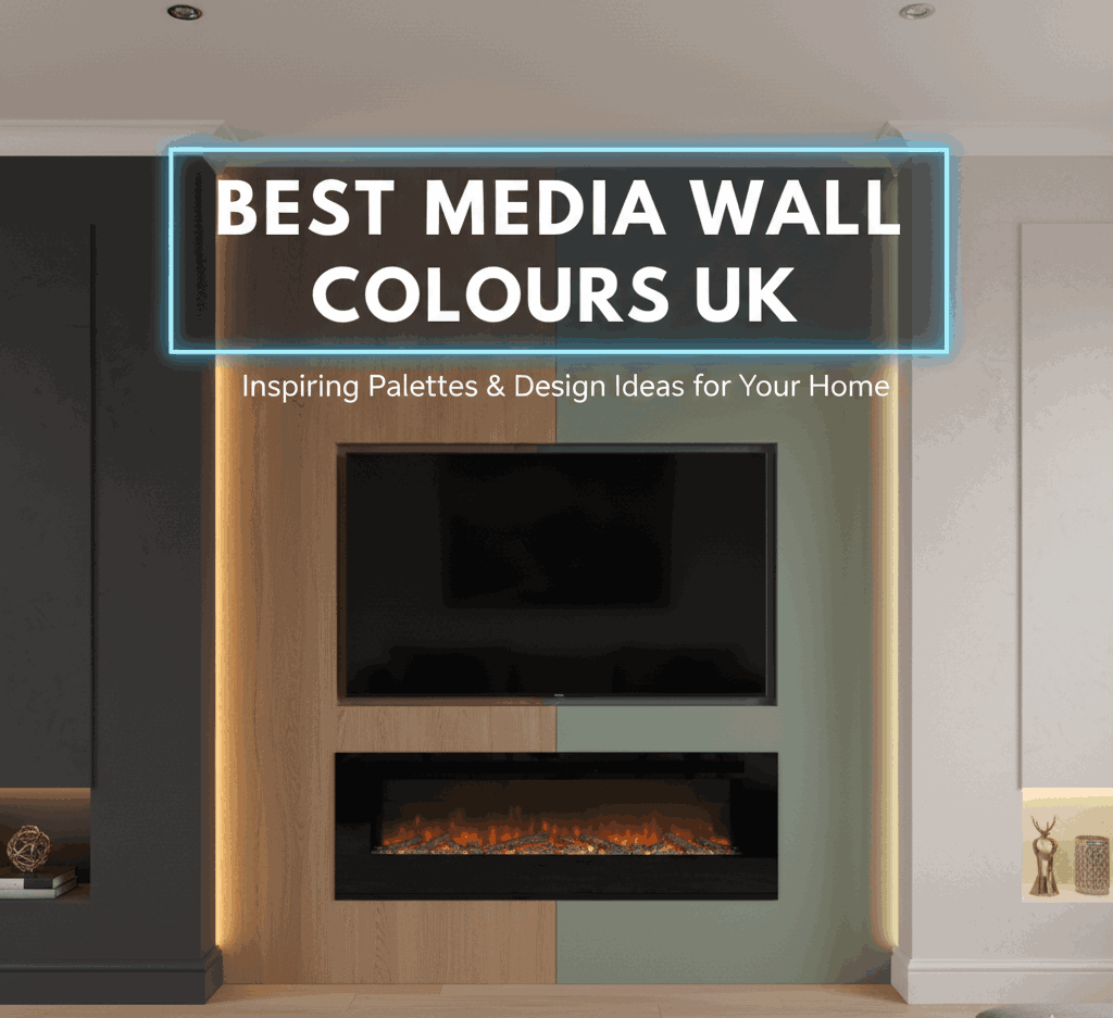 Feature image showing a living room with a stylish media wall featuring various popular UK paint colors (like subtle grey and navy blue), overlaid with the title "Best Media Wall Colours UK."