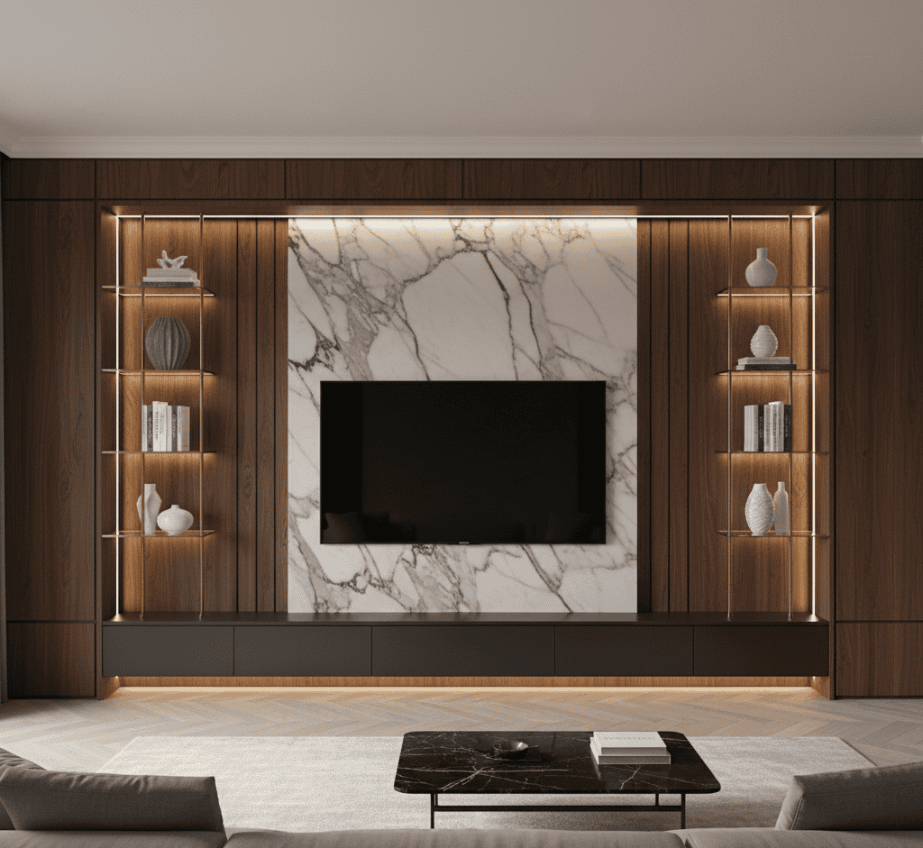 A luxury media wall demonstrating premium materials, featuring a polished black marble slab behind the TV and warm wood slat panels.