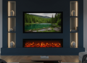 A professionally installed luxury media wall in a modern British living room, featuring a matte dark blue finish, custom alcoves with warm recessed LED lighting, a 65-inch TV, and a landscape electric fireplace.