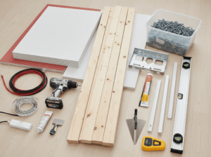 flat lay of tools and materials for building a media wall, including timber studs, a drill, screws, and plasterboard.