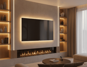 A modern, minimalist living room with a floating media wall in warm neutral tones, featuring a large television with subtle backlighting and a linear electric fireplace.