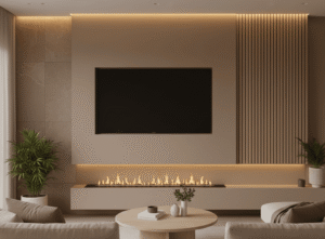 A stylish media wall featuring natural materials like vertical timber slats and stone-look panels in warm earthy tones, with a TV and an electric fireplace, flanked by potted plants, creating a balanced and modern living space.