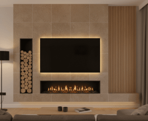 A contemporary media wall featuring a large TV with backlighting above a linear electric fireplace, set against a backdrop of natural stone tiles and vertical wooden slats. An integrated log-store alcove adds a rustic touch to the modern design.