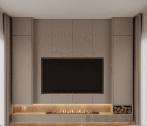A compact, multi-functional media wall in a small living room, featuring a built-in TV, a linear electric fireplace with integrated storage and subtle under-lighting, all in a warm neutral tone. The design showcases efficient use of space and sleek lines.