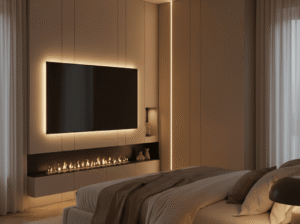 A sophisticated bedroom with a corner media wall featuring a large television with warm backlighting, a long electric fireplace, and minimalist decor, creating a serene and modern ambiance with soft accent lighting.